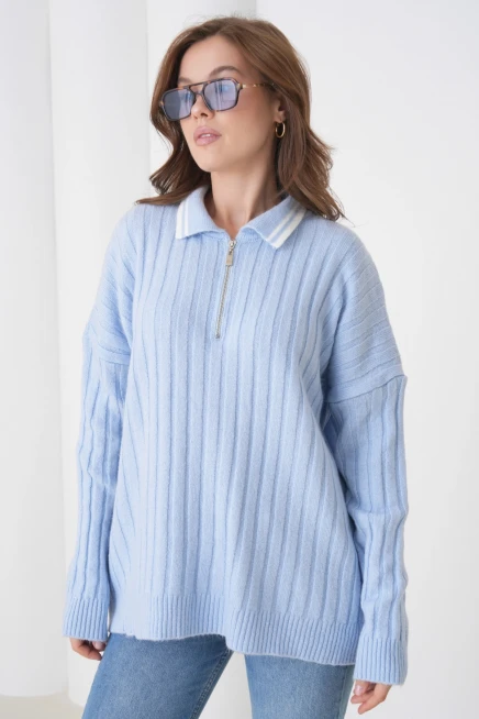 kadın bebe mavi polo yaka fermuarlı oversize triko kazak 8657sw