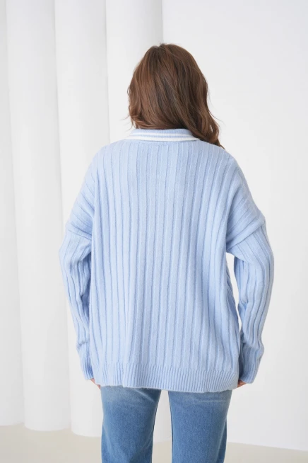 kadın bebe mavi polo yaka fermuarlı oversize triko kazak 8657sw