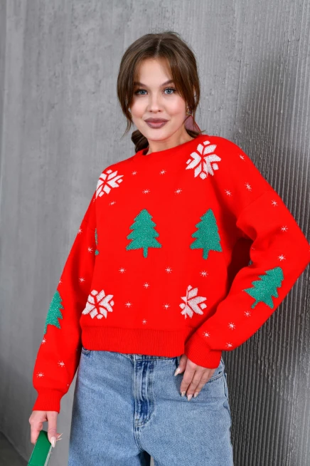 Kadın Bisiklet Yaka Desenli Simli Salaş Triko Kazak