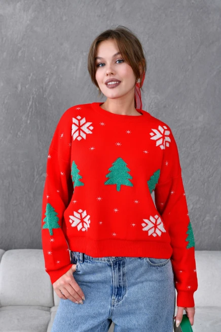 Kadın Bisiklet Yaka Desenli Simli Salaş Triko Kazak