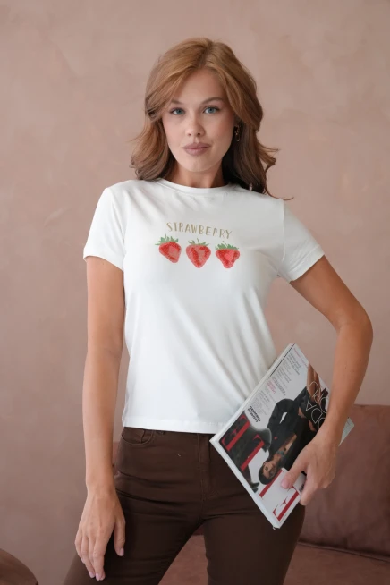 Bisiklet Yaka Desnli Taş Detay Basic Penye T-Shirt