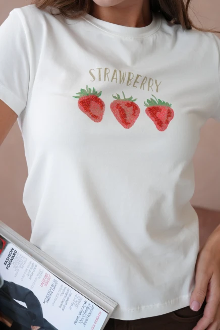 Bisiklet Yaka Desnli Taş Detay Basic Penye T-Shirt