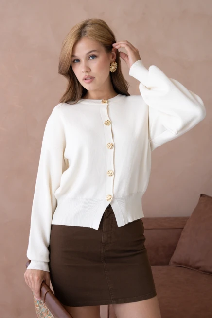 Kadın Bisiklet Yaka Düğme Detaylı Triko Hırka