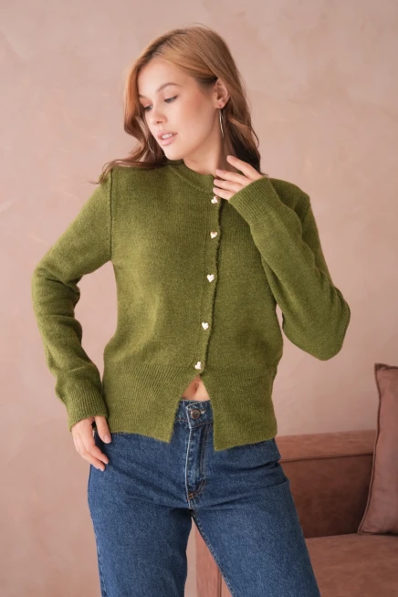 Kadın Bisiklet Yaka Düğme Detaylı Triko Hırka