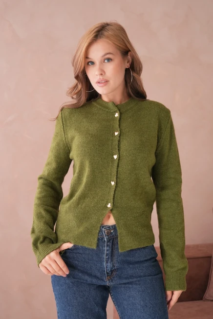 Kadın Bisiklet Yaka Düğme Detaylı Triko Hırka