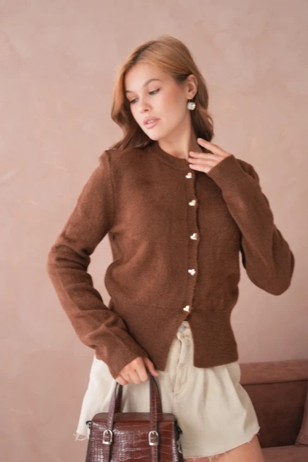 Kadın Bisiklet Yaka Düğme Detaylı Triko Hırka