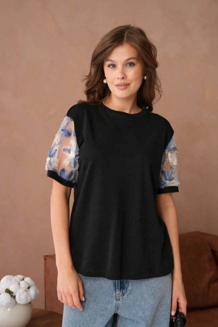 Tül Detaylı Basic T-Shirt