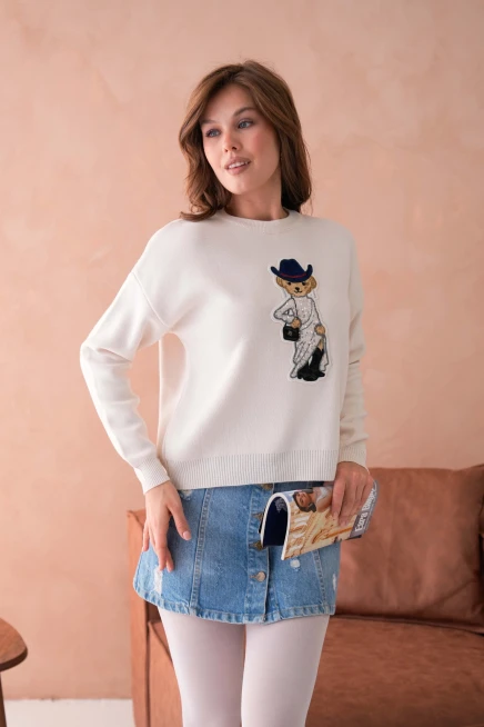 Kadın Bisiklet Yaka Nakış Deaty Triko Kazak