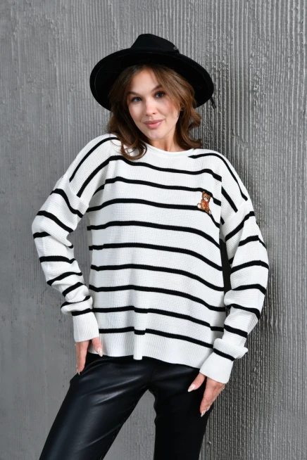 Kadın Bisiklet Yaka Nakış Detay Çizgili Oversize Triko Kazak