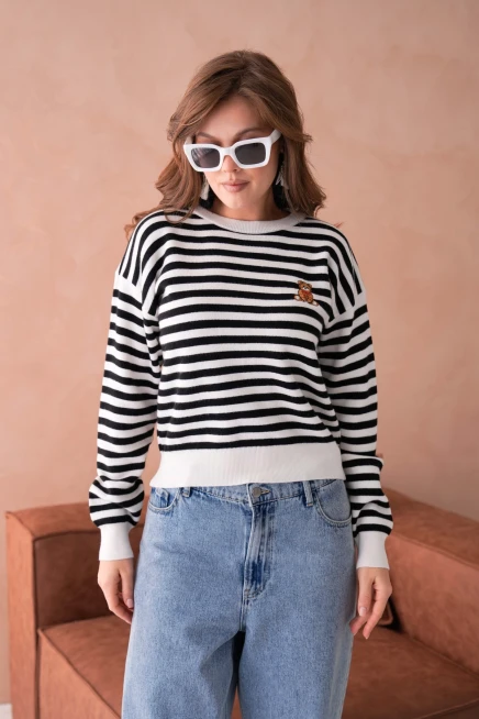 Kadın Bisiklet Yaka Nakış Detay Oversize Çizgili Triko Kazak