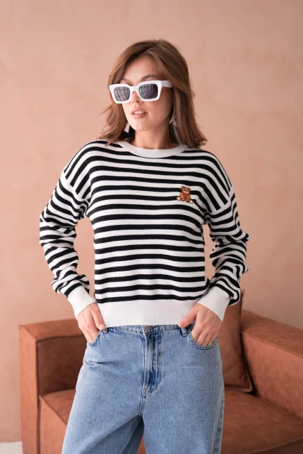 Kadın Bisiklet Yaka Nakış Detay Oversize Çizgili Triko Kazak