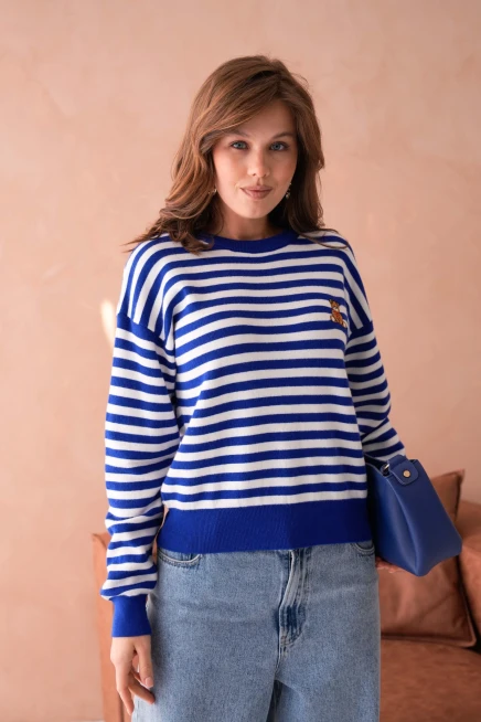 Kadın Bisiklet Yaka Nakış Detay Oversize Çizgili Triko Kazak