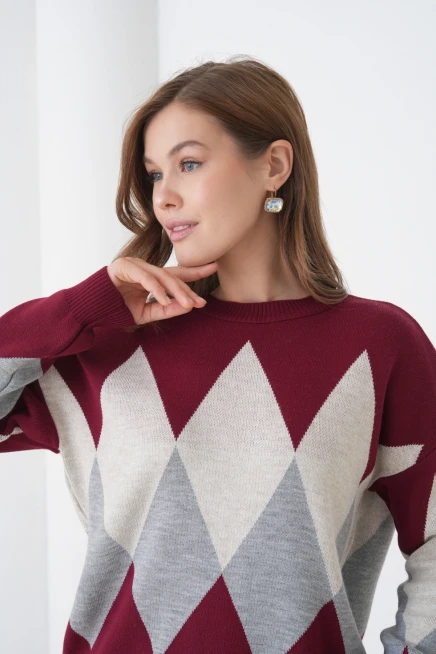 kadın bordo bisiklet yaka baklava desenli kazak pantolon triko alt-üst takım 214076