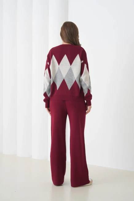 kadın bordo bisiklet yaka baklava desenli kazak pantolon triko alt-üst takım 214076