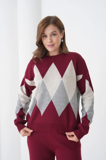 kadın bordo bisiklet yaka baklava desenli kazak pantolon triko alt-üst takım 214076