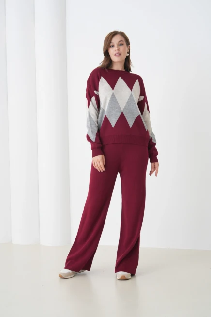kadın bordo bisiklet yaka baklava desenli kazak pantolon triko alt-üst takım 214076