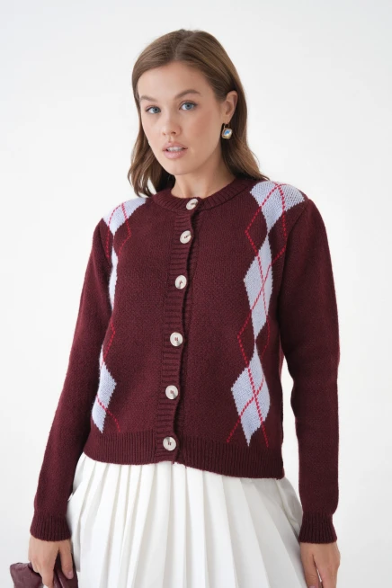 Kadın bordo bisiklet yaka düğme detay desenli triko hırka 8605sw