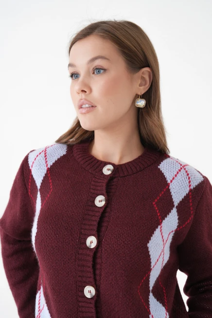 Kadın bordo bisiklet yaka düğme detay desenli triko hırka 8605sw