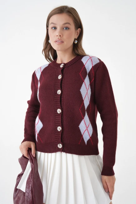 Kadın bordo bisiklet yaka düğme detay desenli triko hırka 8605sw