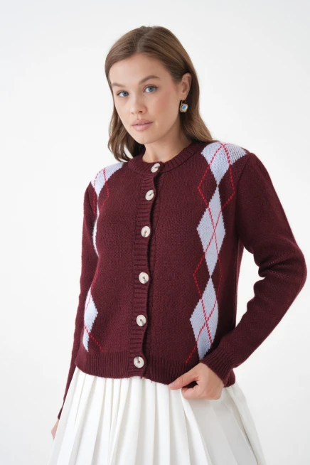 Kadın bordo bisiklet yaka düğme detay desenli triko hırka 8605sw