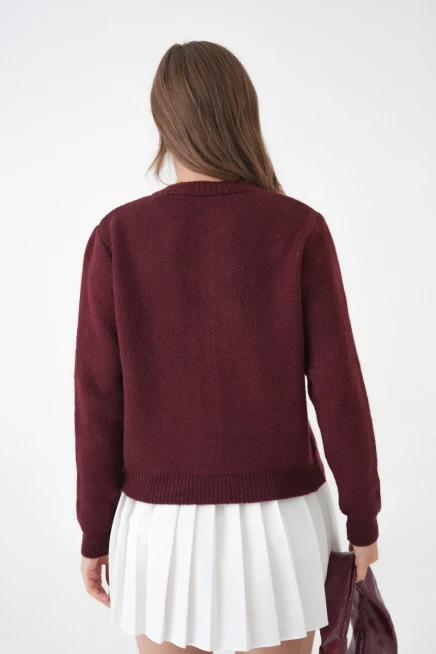 Kadın bordo bisiklet yaka düğme detay desenli triko hırka 8605sw