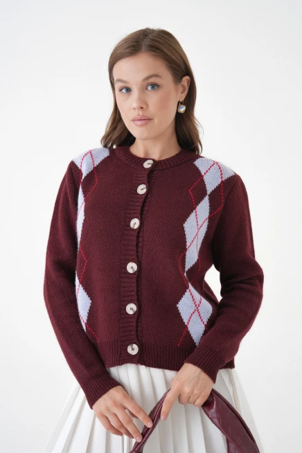 Kadın bordo bisiklet yaka düğme detay desenli triko hırka 8605sw