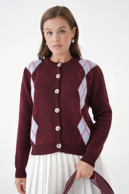 Kadın bordo bisiklet yaka düğme detay desenli triko hırka 8605sw