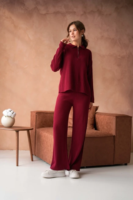 kadın bordo polo yaka oversize kazak pantolon triko alt-üst takım 10955