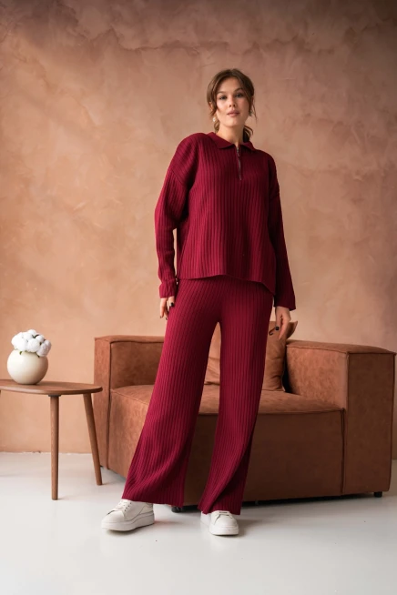 kadın bordo polo yaka oversize kazak pantolon triko alt-üst takım 10955