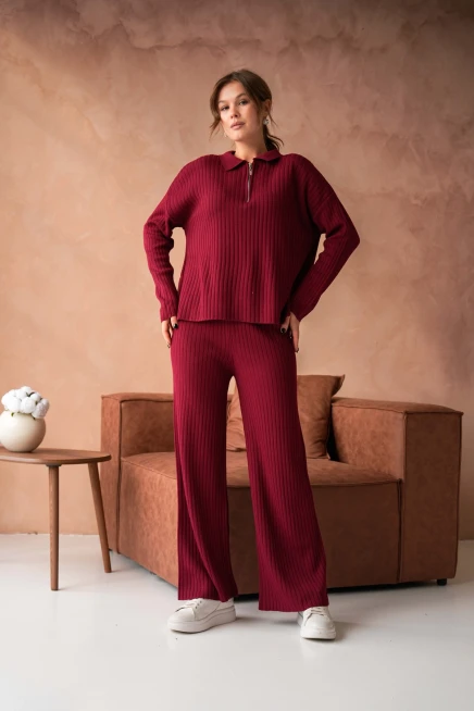 kadın bordo polo yaka oversize kazak pantolon triko alt-üst takım 10955