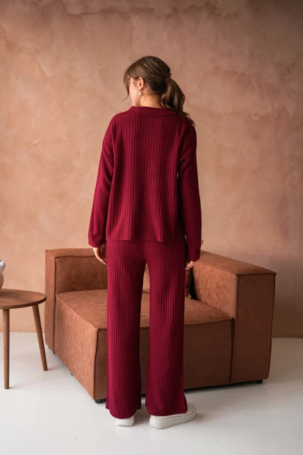 kadın bordo polo yaka oversize kazak pantolon triko alt-üst takım 10955