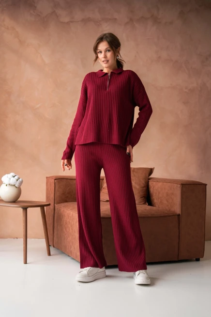 kadın bordo polo yaka oversize kazak pantolon triko alt-üst takım 10955