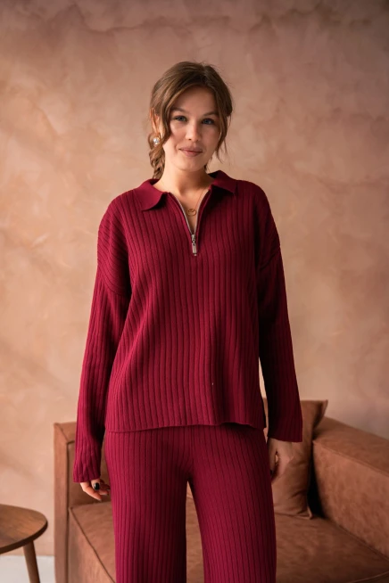 kadın bordo polo yaka oversize kazak pantolon triko alt-üst takım 10955