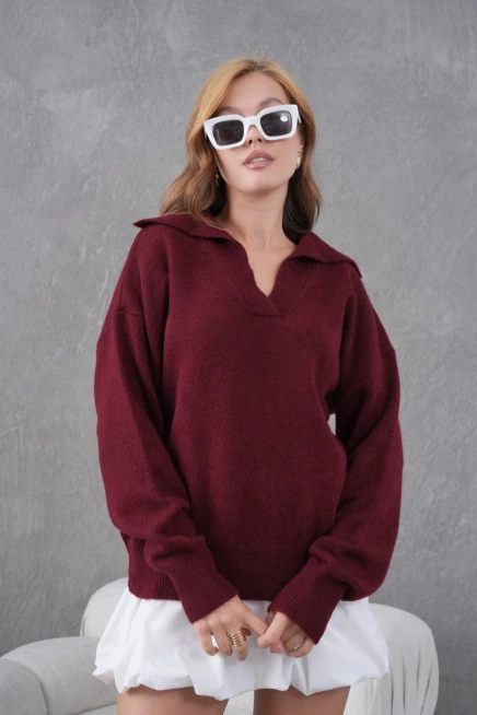 kadın bordo polo yaka oversize yarım pat yumuşak dokulu triko kazak 8585sw