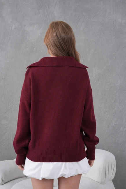 kadın bordo polo yaka oversize yarım pat yumuşak dokulu triko kazak 8585sw
