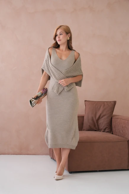 Kadın Geniş Yaka Örgü Detay İkili Triko Takım