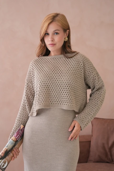 Kadın Geniş Yaka Örgü Detay İkili Triko Takım