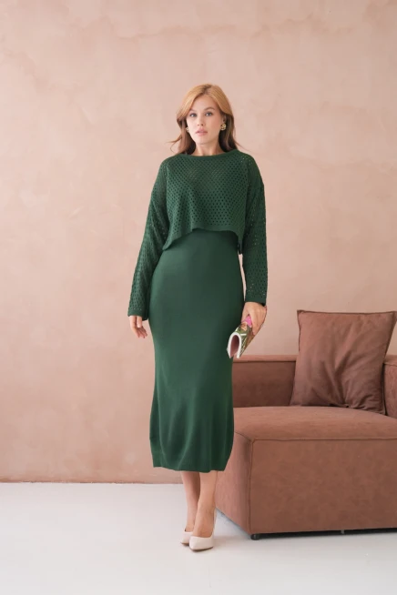 Kadın Geniş Yaka Örgü Detay İkili Triko Takım