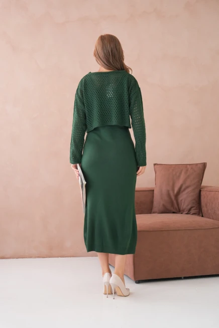 Kadın Geniş Yaka Örgü Detay İkili Triko Takım