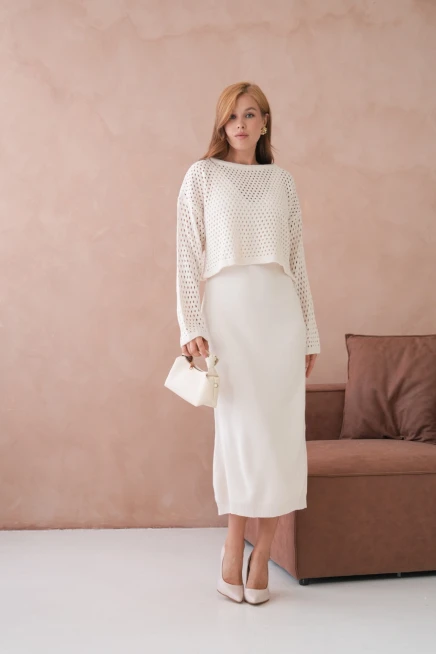 Kadın Geniş Yaka Örgü Detay İkili Triko Takım