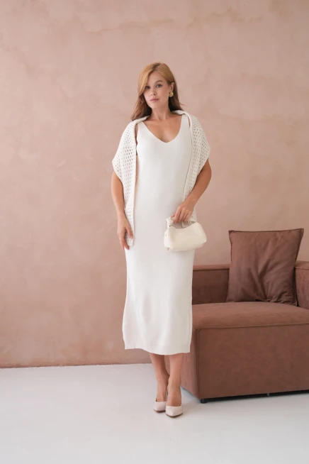 Kadın Geniş Yaka Örgü Detay İkili Triko Takım