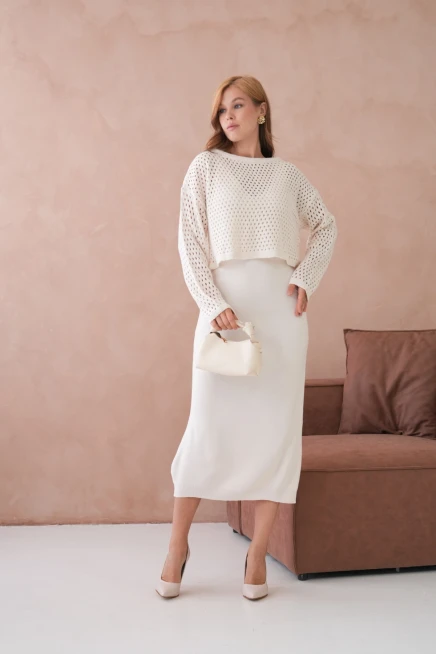 Kadın Geniş Yaka Örgü Detay İkili Triko Takım