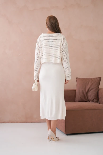 Kadın Geniş Yaka Örgü Detay İkili Triko Takım