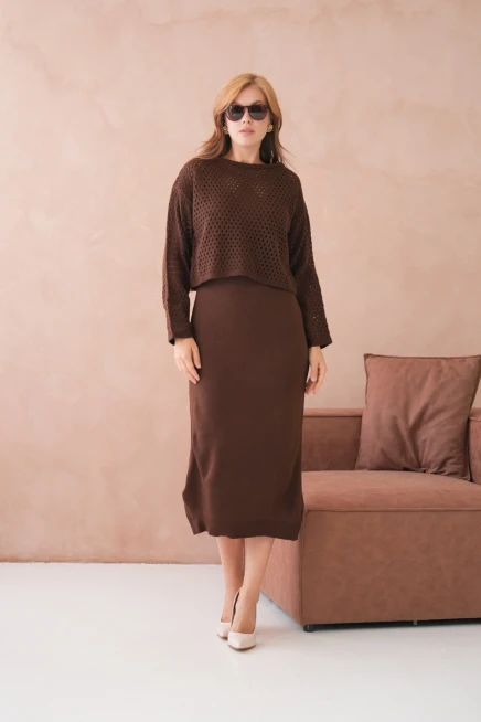 Kadın Geniş Yaka Örgü Detay İkili Triko Takım