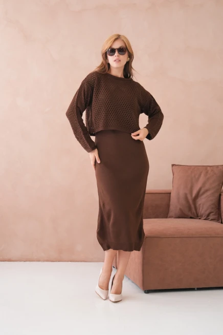 Kadın Geniş Yaka Örgü Detay İkili Triko Takım