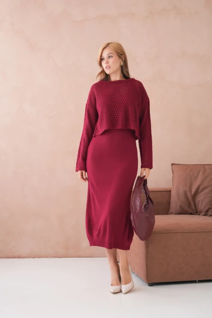 Kadın Geniş Yaka Örgü Detay İkili Triko Takım