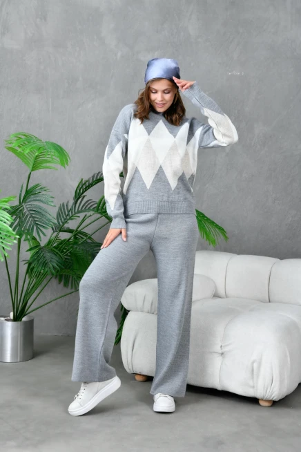 kadın gri bisiklet yaka baklava desenli kazak pantolon triko alt-üst takım 214076
