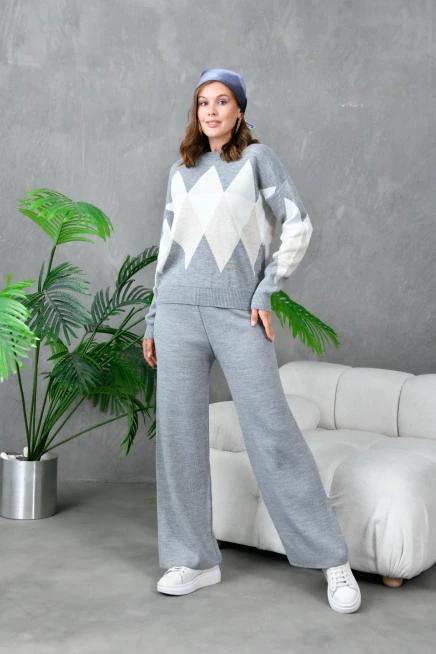 kadın gri bisiklet yaka baklava desenli kazak pantolon triko alt-üst takım 214076