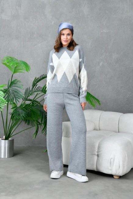kadın gri bisiklet yaka baklava desenli kazak pantolon triko alt-üst takım 214076
