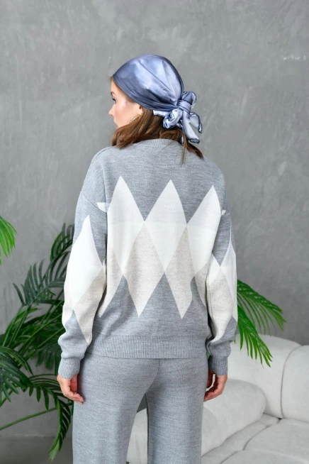 kadın gri bisiklet yaka baklava desenli kazak pantolon triko alt-üst takım 214076